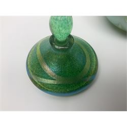 Three Okra scent bottles, the first example decorated with iridescent threads and pulls over a green ground, with a white stopper and two others, largest H18cm