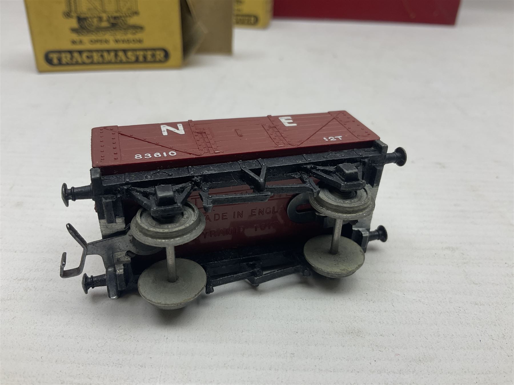 Hornby Dublo - 4620 Breakdown Crane No.133 in red with Match Trucks; boxed; another unboxed 4620 Breakdown Crane No.144 in black 'Cowans Sheldon' with Match Trucks; and nine Trackmaster goods wagons comprising three GW Open Wagons, two GW box vans, three NE Open Wagons and one NE Box Van; all boxed (11)