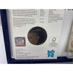 Mostly commemorative coins, including crowns, Queen Elizabeth II 2009 countdown to London 2012 five pound coin on card, 'The 2012 Diamond Jubilee' coin set in card folder, Cook Islands 2013 one dollar commemorating 'Coronation sixty years 1953 2013' etc