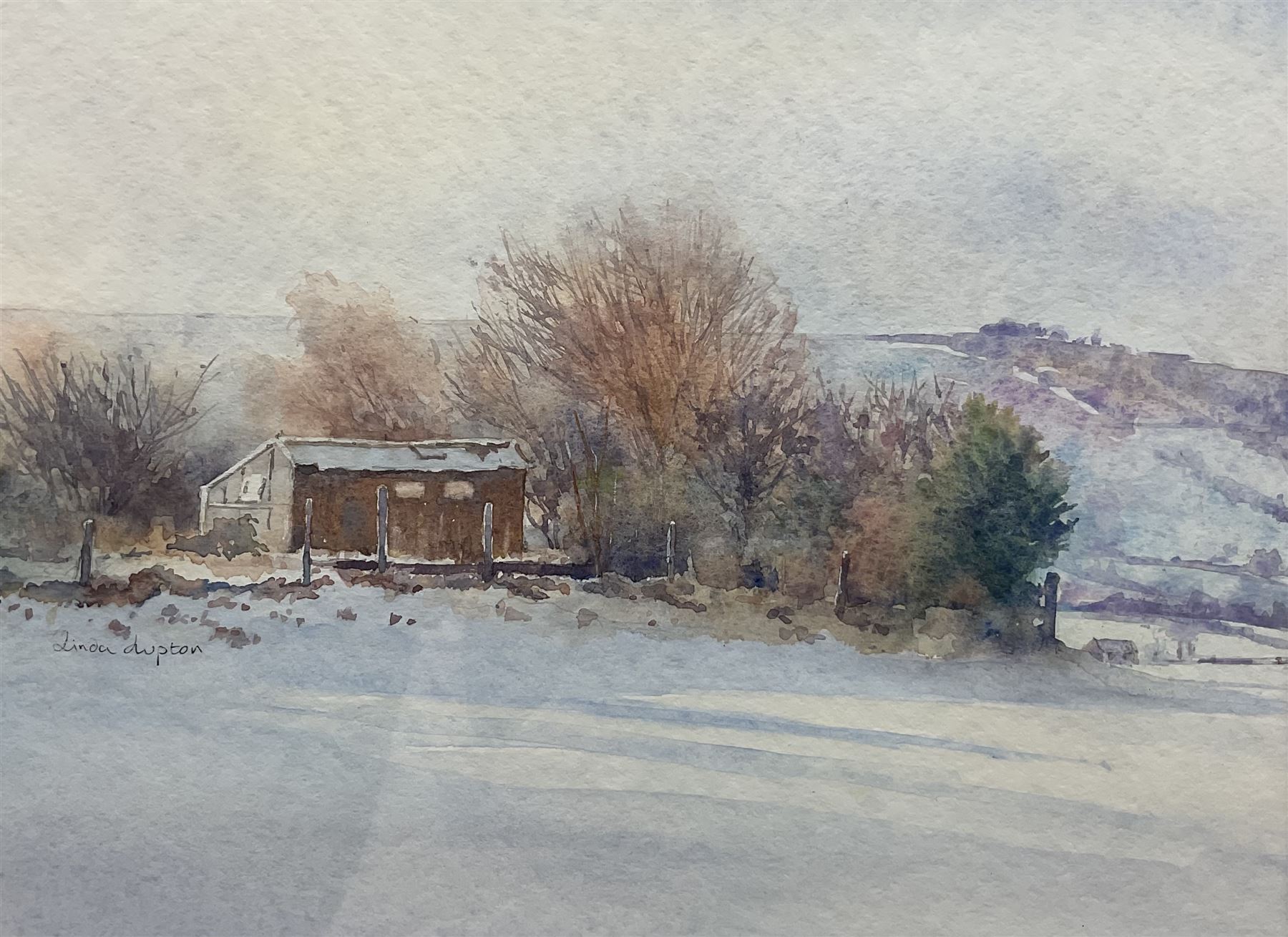 Linda Lupton (Northern British Contemporary): Snowy Barn, watercolour signed 19cm x 25cm
Notes: Linda was elected to Full Membership of The Fylingdales Group of Artists 2013