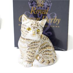 Six Royal Crown Derby paperweights, comprising 'Misty' collectors cat with gold stopper, Sleeping Cat with silver stopper, Fireside Kitten with gold stopper, Thomas Silver Tabby Kitten with gold stopper, Tabitha Silver Tabby Kitten with gold stopper, Cottage Cat with gold stopper, four with boxes (6)