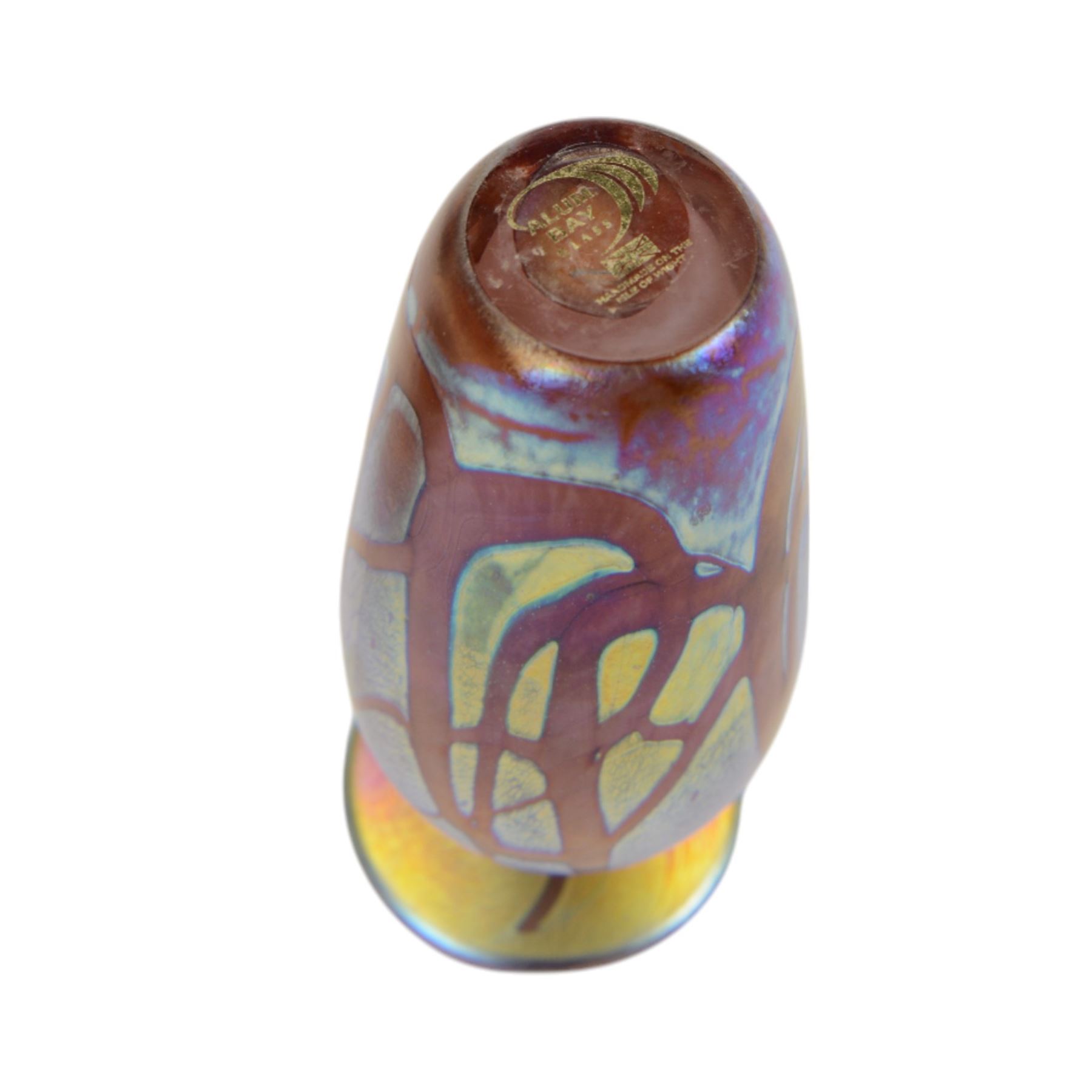 Royal Brierley iridescent glass vase of tapering form, together with another Royal Brierley vase, Alum Bay vase and other iridescent glass items 