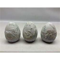 Set of five Lladro limited edition Easter eggs for the years 1993, 1994, 1995, 1996 and 1997, sold in the USA only, all with original boxes, H11cm