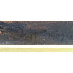 William Pratt (Scottish 1855-1936): 'Evening at Staithes' - the High Street, oil on canvas signed and dated 1909, titled on original label verso 45cm x 60cm 
Notes: Pratt seemingly visited Staithes multiple times in the early 1900s, as the companion to this picture, 'In the Shallows' (sold by Lyon & Turnbull 27/01/16, lot 536), in an identical frame and also depicting Staithes, is dated 1910. The shop in the foreground was a grocery run by Joseph Verrill, described in 1911 as 'grocer and agent for W & A Gilbey Ltd, Wine and Spirit Merchants'. He was often assisted by his two daughters, Lavinia and Hannah. The Verrills were one of the largest families in Staithes; Joseph Verrill Snr (1839-1910) was first coxswain of the Staithes lifeboat, and Isaac Verrill (1811-1895), a fisherman, was photographed by Frank Meadow Sutcliffe (1853-1941). The building became the gift shop of W & H Dean in the 1950s, and is now the Endeavour Café.