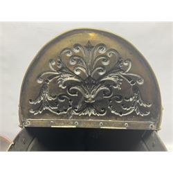 Victorian Benham & Froud Arts and Crafts brass coal scuttle, with Victorian diamond registration mark, together with a copper and brass scuttle of helmet form, tallest H50cm