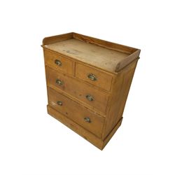 Early 20th century pitch pine chest, three quarter raised back, fitted with two short over two long drawers, on plinth base