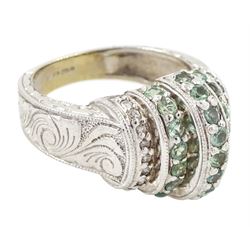 14ct white gold alexandrite and diamond stepped design ring, three rows of round cut alexandrite's, with a row of single cut diamonds either side, the shoulders with engraved foliate decoration, hallmarked