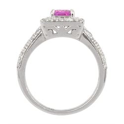 18ct white gold pink sapphire and diamond cluster ring, with diamond set shoulders, stamped sapphire approx 0.85, total diamond weight 0.62