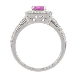 18ct white gold pink sapphire and diamond cluster ring, with diamond set shoulders, stamped sapphire approx 0.85, total diamond weight 0.62