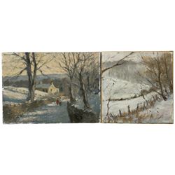 William Burns (British 1923-2010): 'Winter: Near Hackness Scarborough' and 'Going Home from Sledging', two oils on board signed, titled verso max 16cm x 22cm (2) (unframed)
Provenance: consigned by the artist's daughter - never previously been on the market.