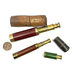 Victorian military brass and walnut cased three-draw telescope inscribed Ellott (sic) Brothers 56 Strand London with broad arrow mark, L42cm extended, in original leather carrying case with gilt maker's name (Elliott); another brass and mahogany three-draw pocket telescope; and 19th century brass and green cased single draw pocket telescope in card carrying case (3)