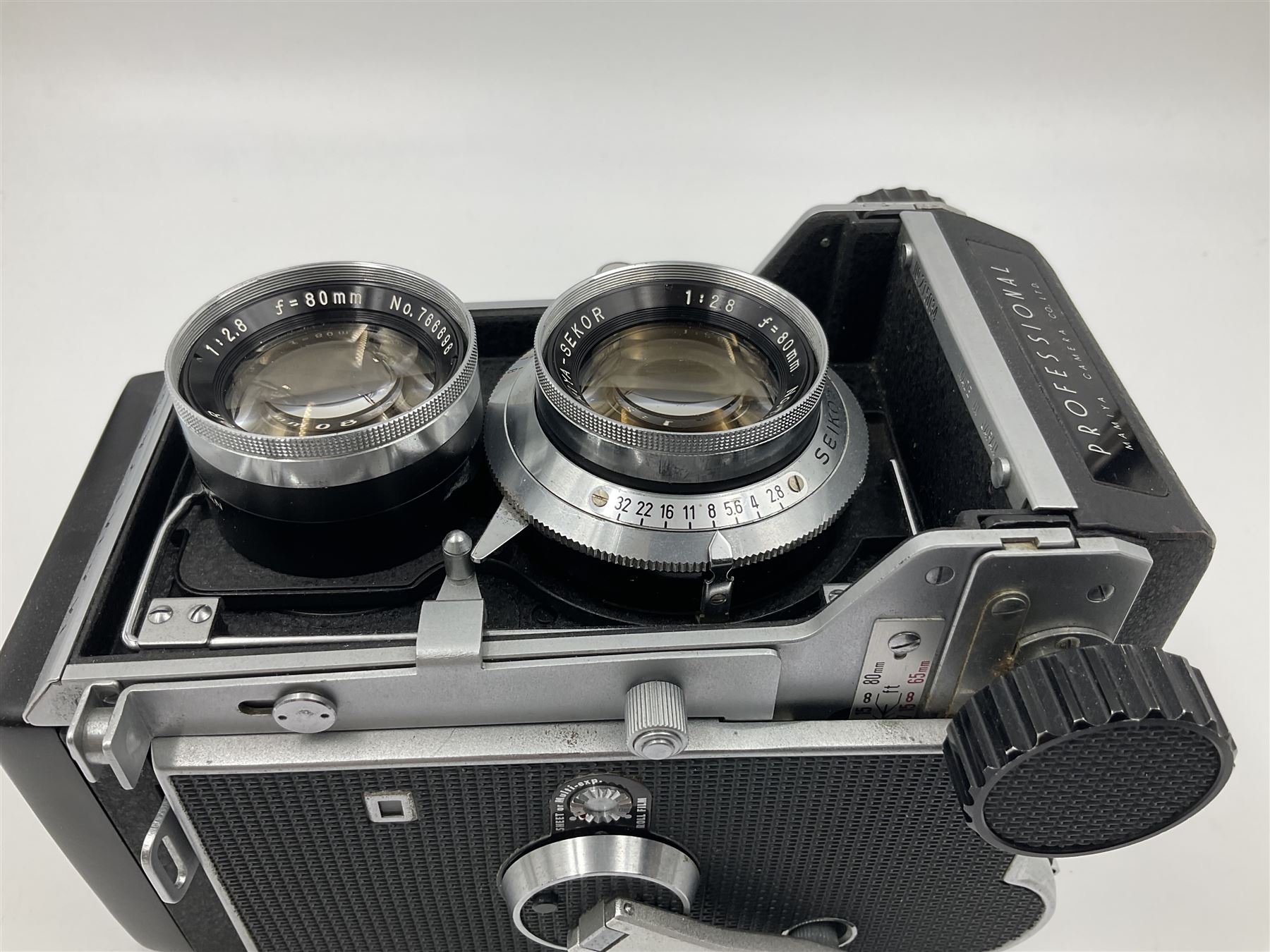 Mamiyaflex C3 TLR camera body, serial no. 215034, with 'Mamiya Sekor 1:2.8 f80mm' lens serial no. 765932