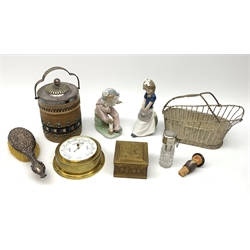 19th century Doulton Lambeth Silicon ware biscuit barrel, two Nao figures, Victorian silver backed brush, bulkhead barometer in brass case, brass box, wine basket, cut glass atomizer, carved Black Forest style bottle stopper etc 