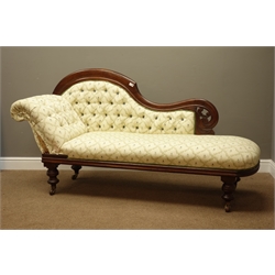  Victorian mahogany chaise longue, curved back with pierced and carved detail, turned supports with ceramic castors, L185cm  