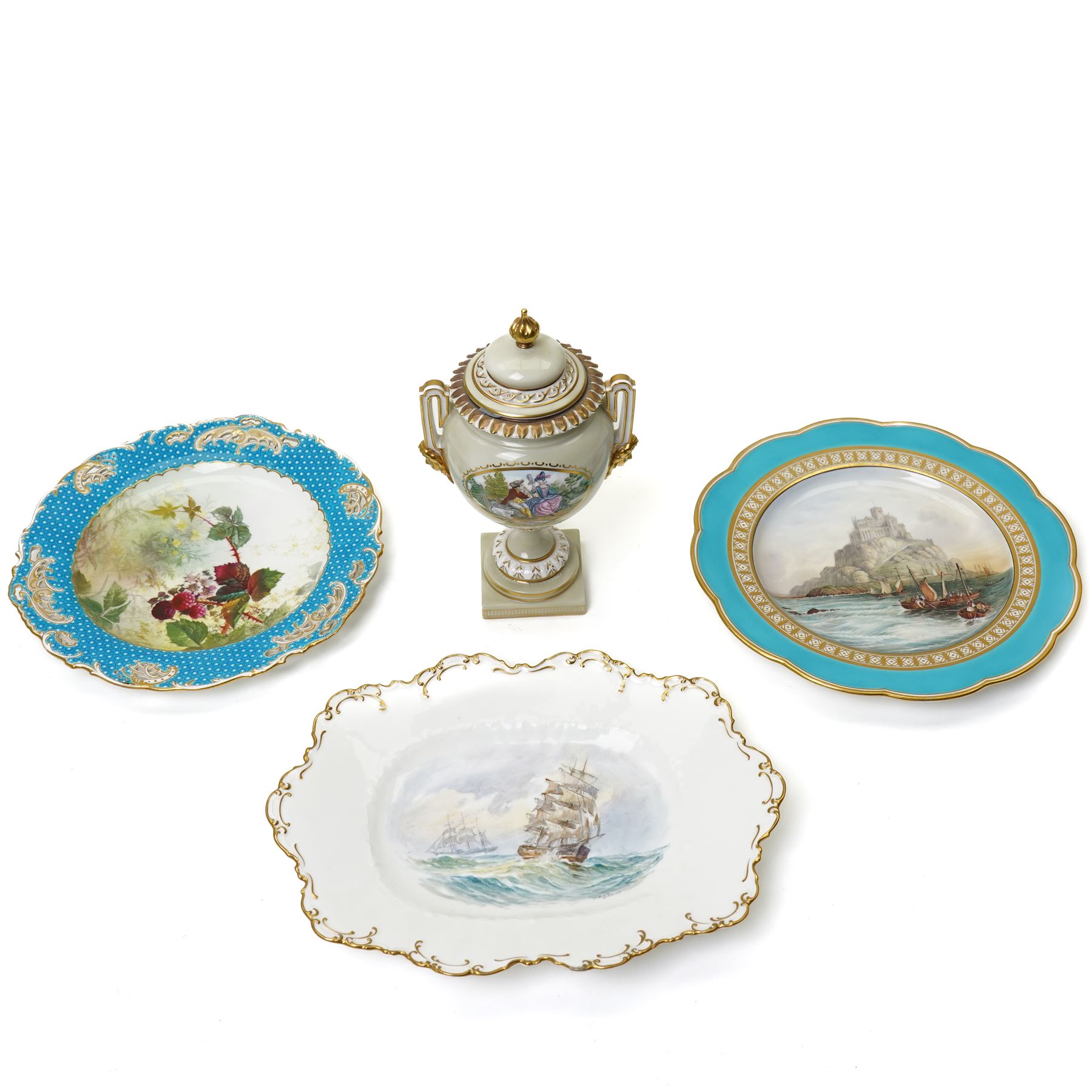 Royal Worcester Elizabeth Vase, H21cm; together with a Royal Crown Derby rectangular serving dish, painted with a shipping scene by WEJ Dean, W28cm, a Davenport plate painted with St Michaels Mount, D24cm, and a Minton plate painted with fruit by F Walklett, D23cm (4)