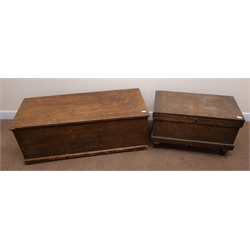  Victorian stained and grained pine blanket box, W124cm, and a small pine blanket box, W79cm (2)  