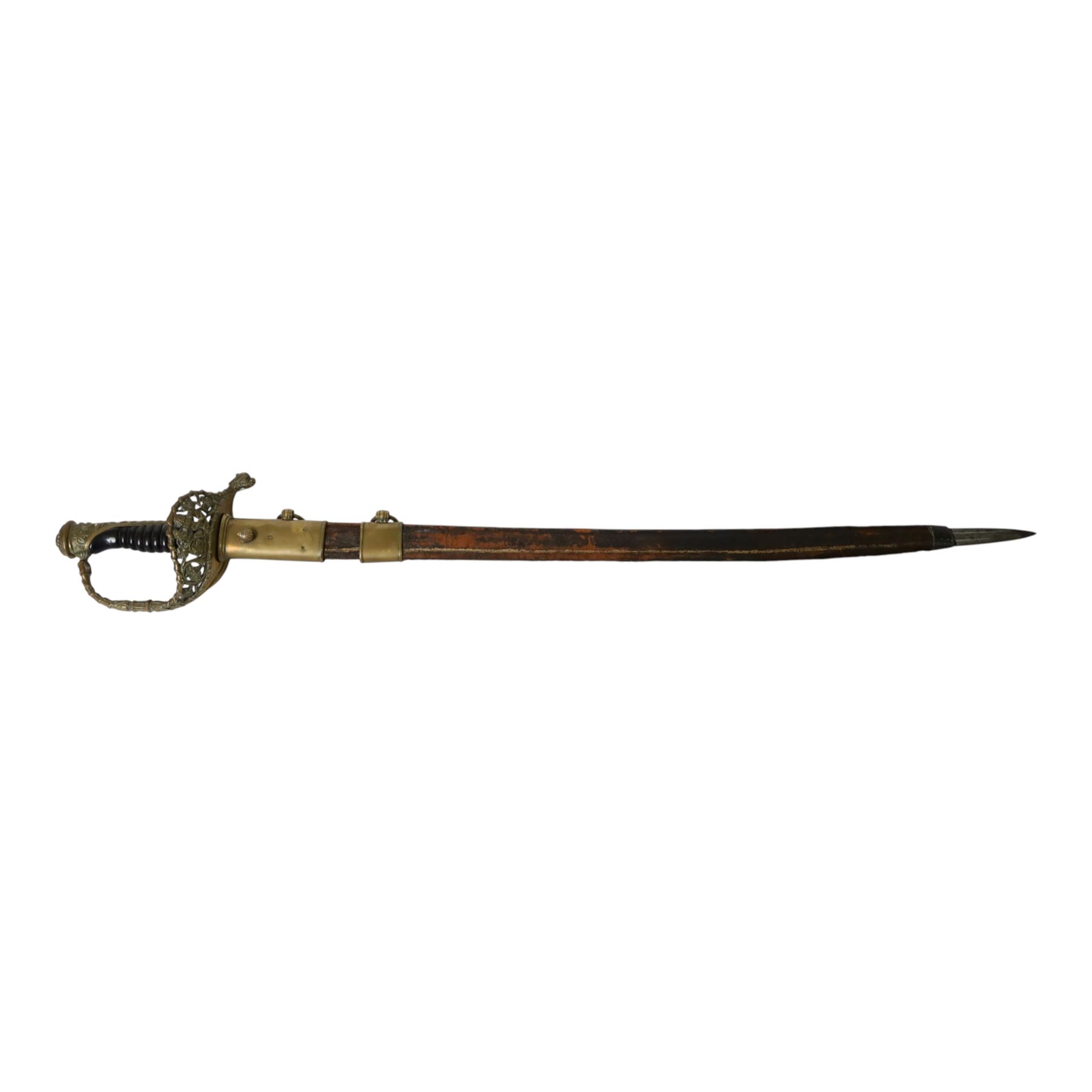 French 1837 pattern officers sword, 70cm single edged blade, with pierced brass hilt, ribbed grip, with brass mounted leather scabbard, L85cm