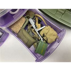 Action Man - five figures marked on the back 'Made in England by Palitoy under licence from Hasbro 1964', one dressed as a German Stormtrooper, one as a Red Devil Pilot and three in army uniform; another similar action figure marked to the right buttock ' G.I. Joe Copyright 1964 by Hasbro Patent Pending Made in Canada' dressed in army uniform; together with an Action Man jeep, field gun, mortar and machine guns and other accessories including helmets and weapons, parachute, diving equipment, skis and snow shoes, boots, uniforms etc; all unboxed