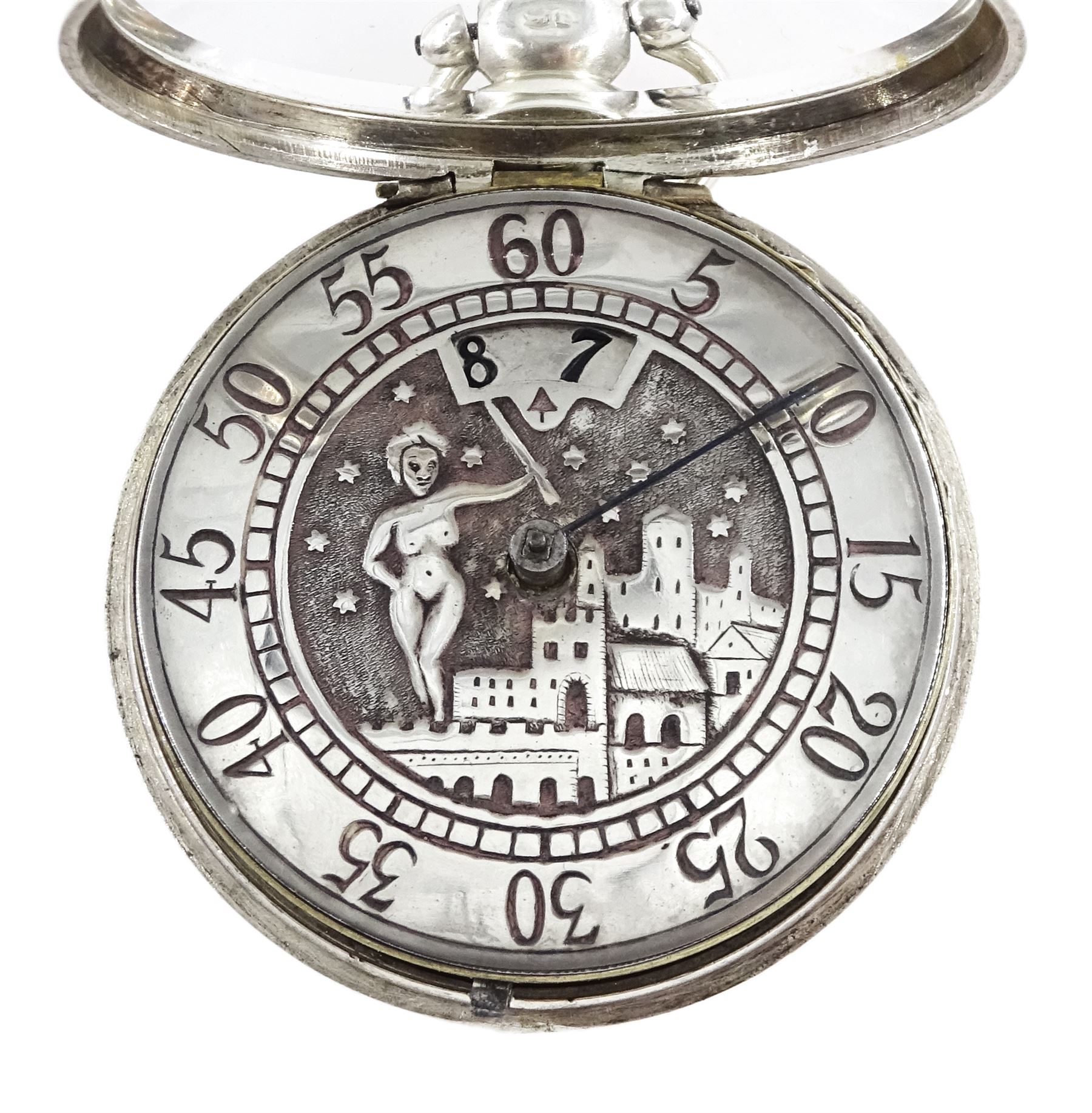 19th century silver pair cased verge fusee pocket watch by John Roberts, London, No. 9388, round pillars, pierced and engraved balance cock decorated with a mask, silver champleve dial depicting a nude female standing on a bridge amongst the stars, wandering hour dial with Arabic five minute markers and single hand, bull's eye glass, case by George Richards London 1832