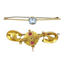 Edwardian 9ct gold pink stone and diamond scroll design brooch with applied floral decoration, Chester 1904 and a gold single stone blue stone bar brooch, both stamped 9ct
