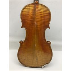 German trade violin c1900 copy of a Maggini with 36.5cm two-piece maple back and ribs and spruce top; double scroll; L60cm overall; in carrying case