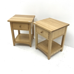Pair solid ash bedside lamps tables, single drawer, stile tapering supports joined by solid undertier, W48cm, H63cm, D45cm