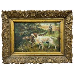 HA Tate (British 19th/20th century): 'Sheffield' Gun Dogs, oil on canvas signed and dated 1903, titled verso 19cm x 29cm