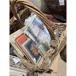 Wicker baskets, postcards, hat box with various hats, cushions, upholstered stools etc