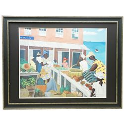 Tiffany Erwin Cant (American 1954-): 'Marketplace' and 'Men in the Boat', pair of limited edition colour lithographs signed and numbered 120/400 and 105/400, 51cm x 64cm (2)