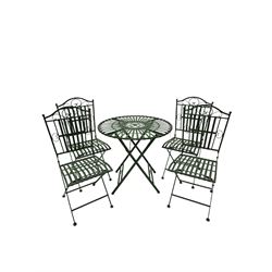 Wrought metal slatted round folding garden table and four chairs in green finish - THIS LOT IS TO BE COLLECTED BY APPOINTMENT FROM DUGGLEBY STORAGE, GREAT HILL, EASTFIELD, SCARBOROUGH, YO11 3TX