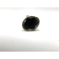 Rare double barrel percussion knife pistol by Dumonthier & Sons (NVN), approx. .38 calibre, with 8.5cm barrels and central 21.5cm spear pointed blade, all with etched damascening, upper quillons serve as hammers for the percussion ignition with single drop down trigger and fluted nickel grips, in nickel mounted leather covered tin scabbard L33.5cm overall