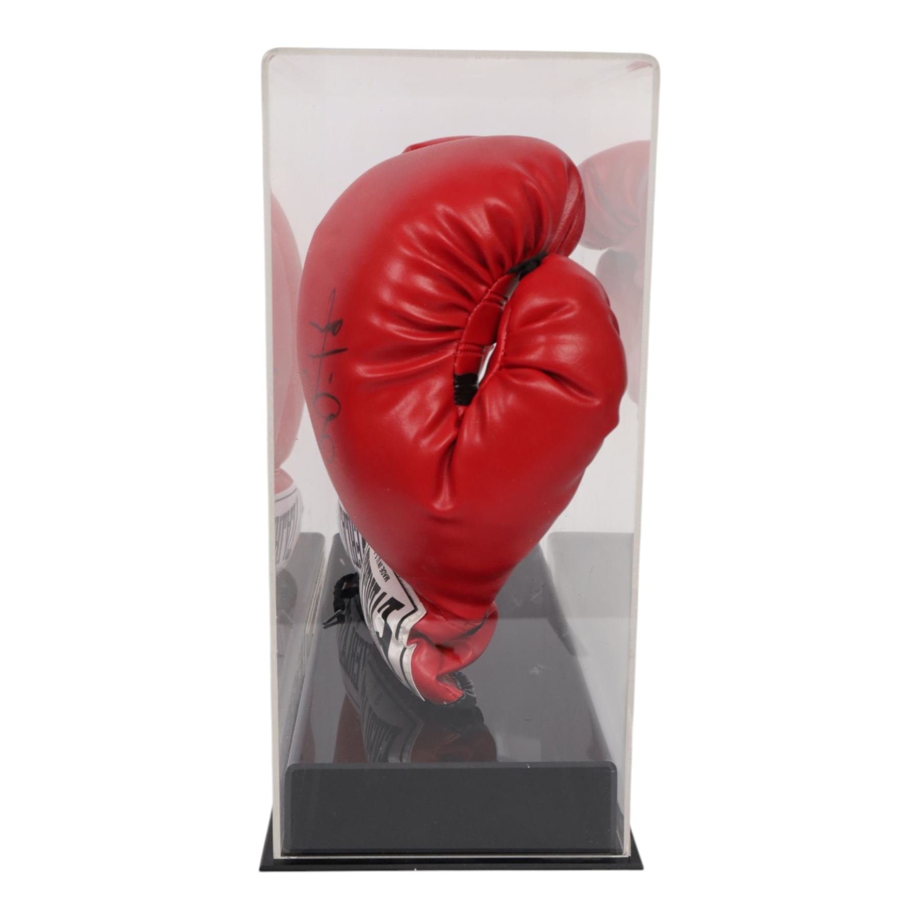 Muhammad Ali and George Foreman signed boxing gloves, two Everlast gloves the left hand glove signed by Ali and right signed by Foreman, both in black marker pen, in Perspex display case with plaque to base displayed with a further unsigned glove, each with Mounted Memories holographic stickers, case H36cm