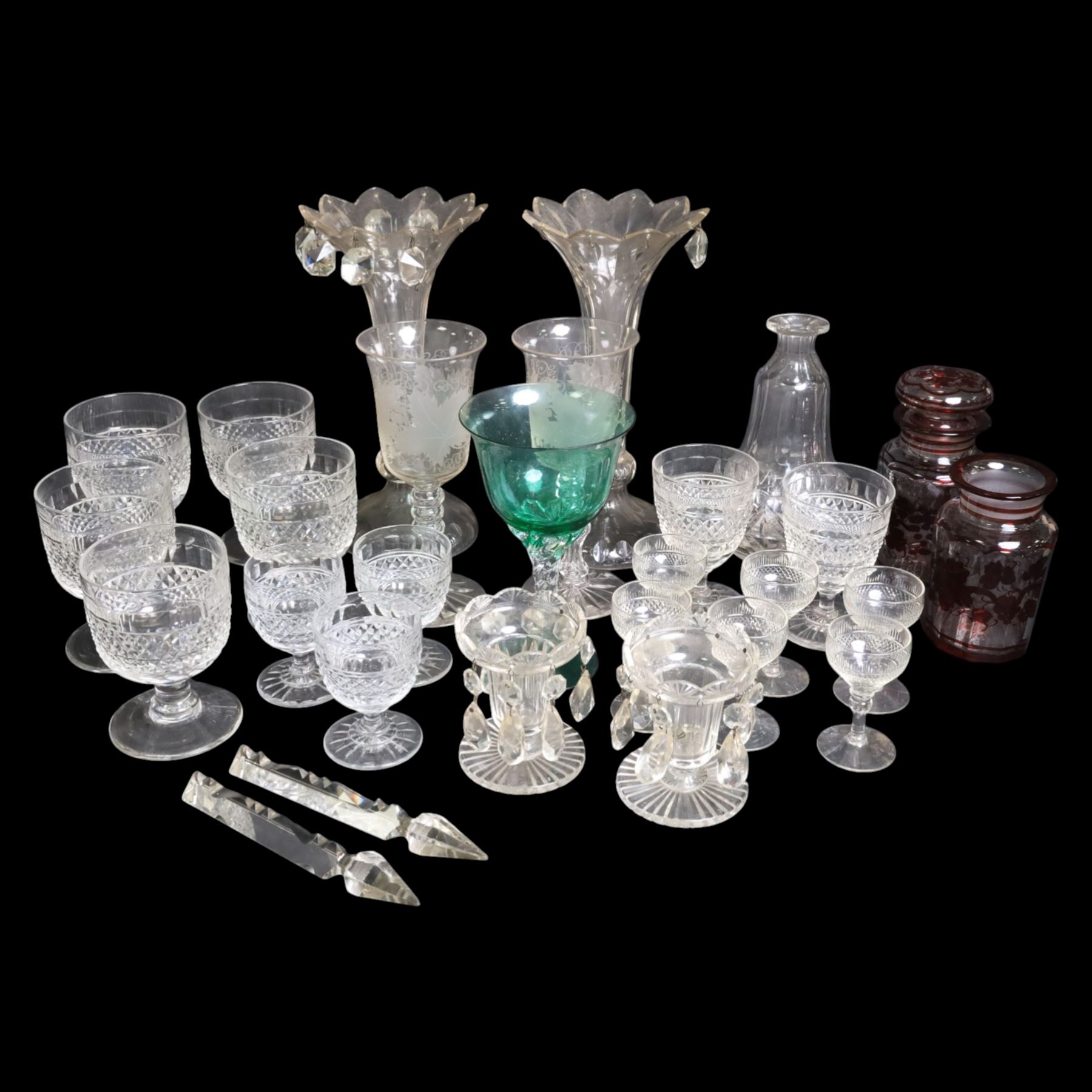 Collection of glassware, including goblets, pair of etched wine glasses, etc