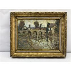 George Grosvenor Thomas RSW (Scottish 1856-1923): Arched Stone Bridge, oil on panel signed 23cm x 31cm