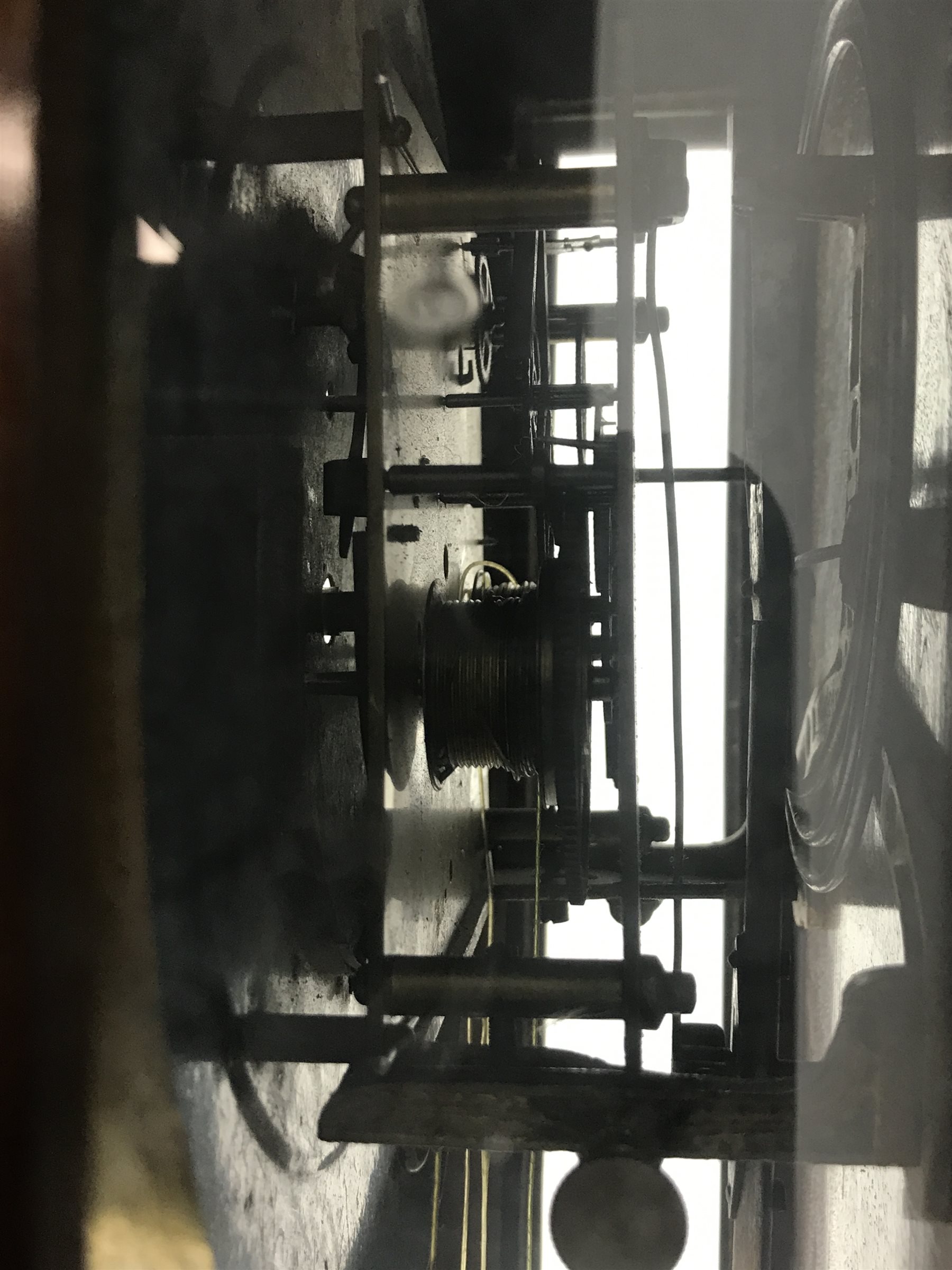 Late 19th century Vienna type wall clock, walnut and beech cased, eight day movement striking the hours and half on coil, H107cm (two weights and pendulum)