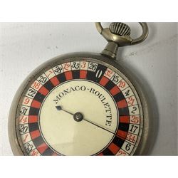 Early 20th century novelty Monaco roulette wheel, with enamel dial in pocket watch case 