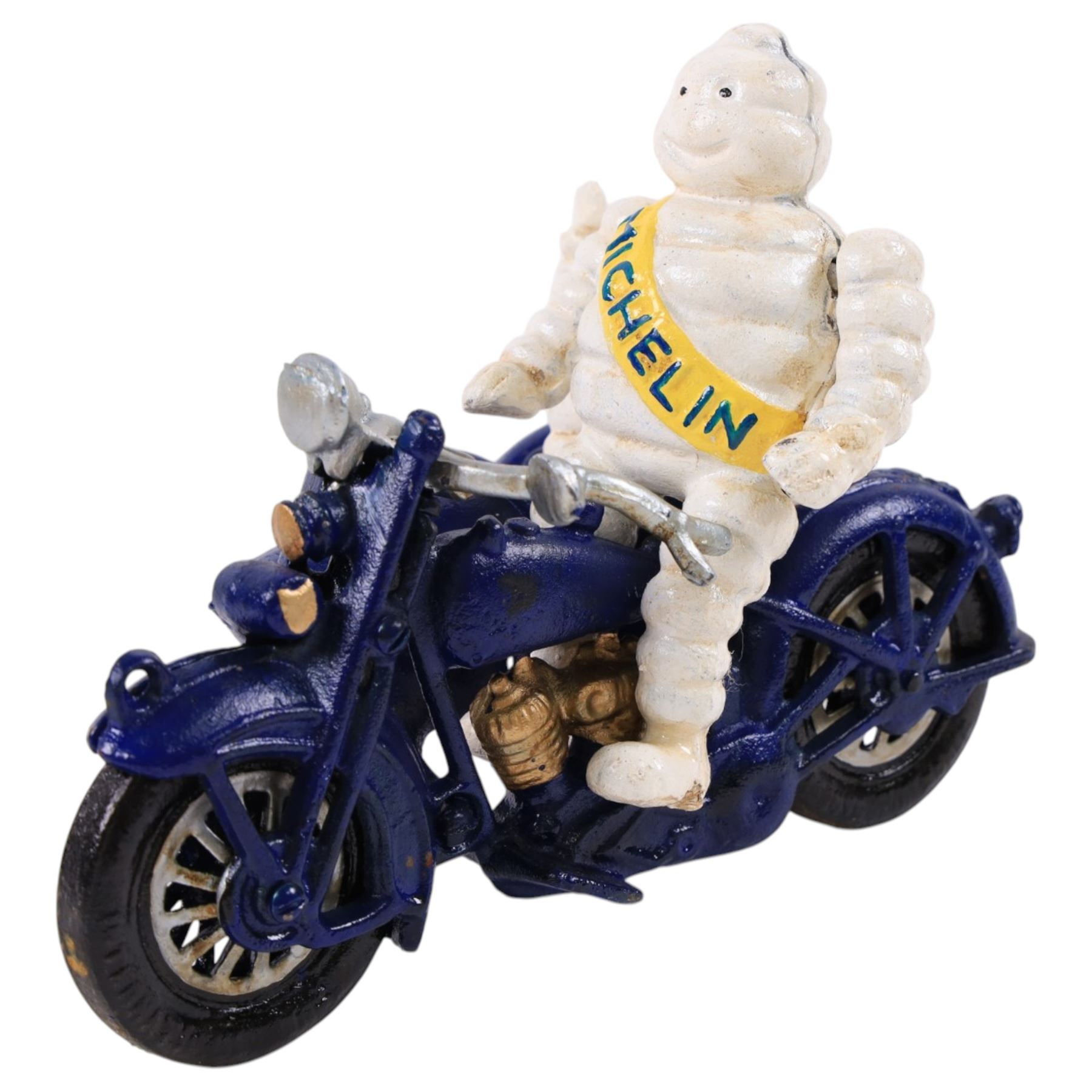 Cast iron figure, modelled as a Michelin man upon a motorbike, H18cm