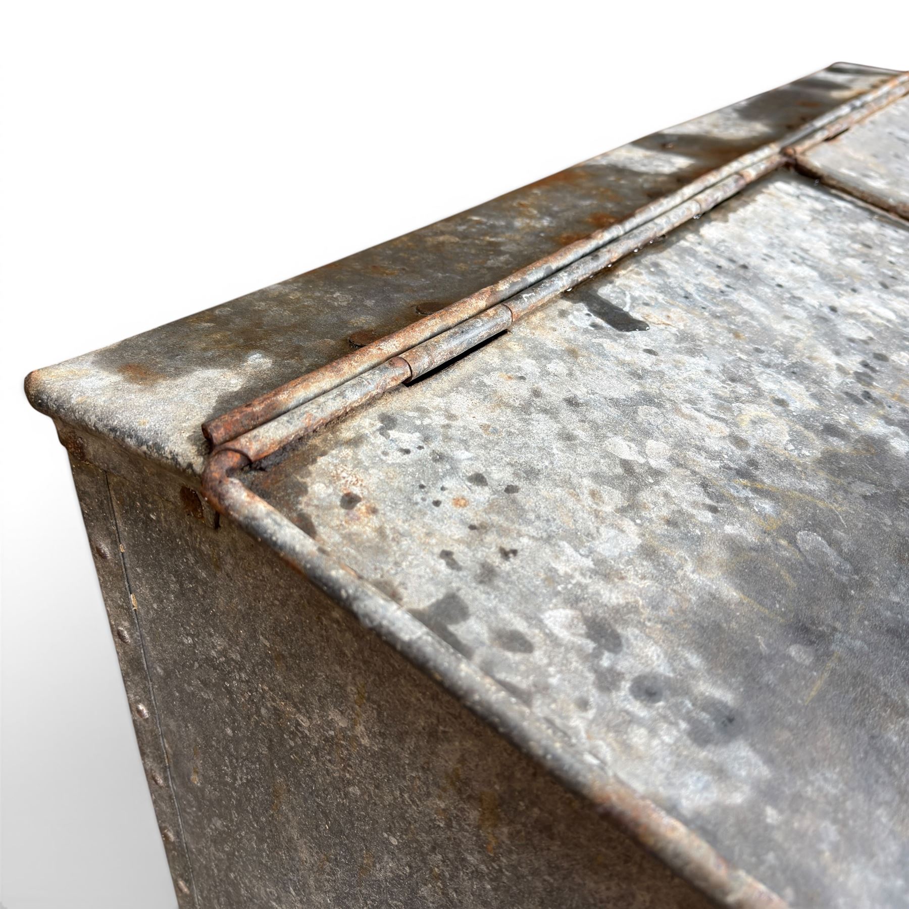 Early 20th century galvanised two division feed bin, sloped top