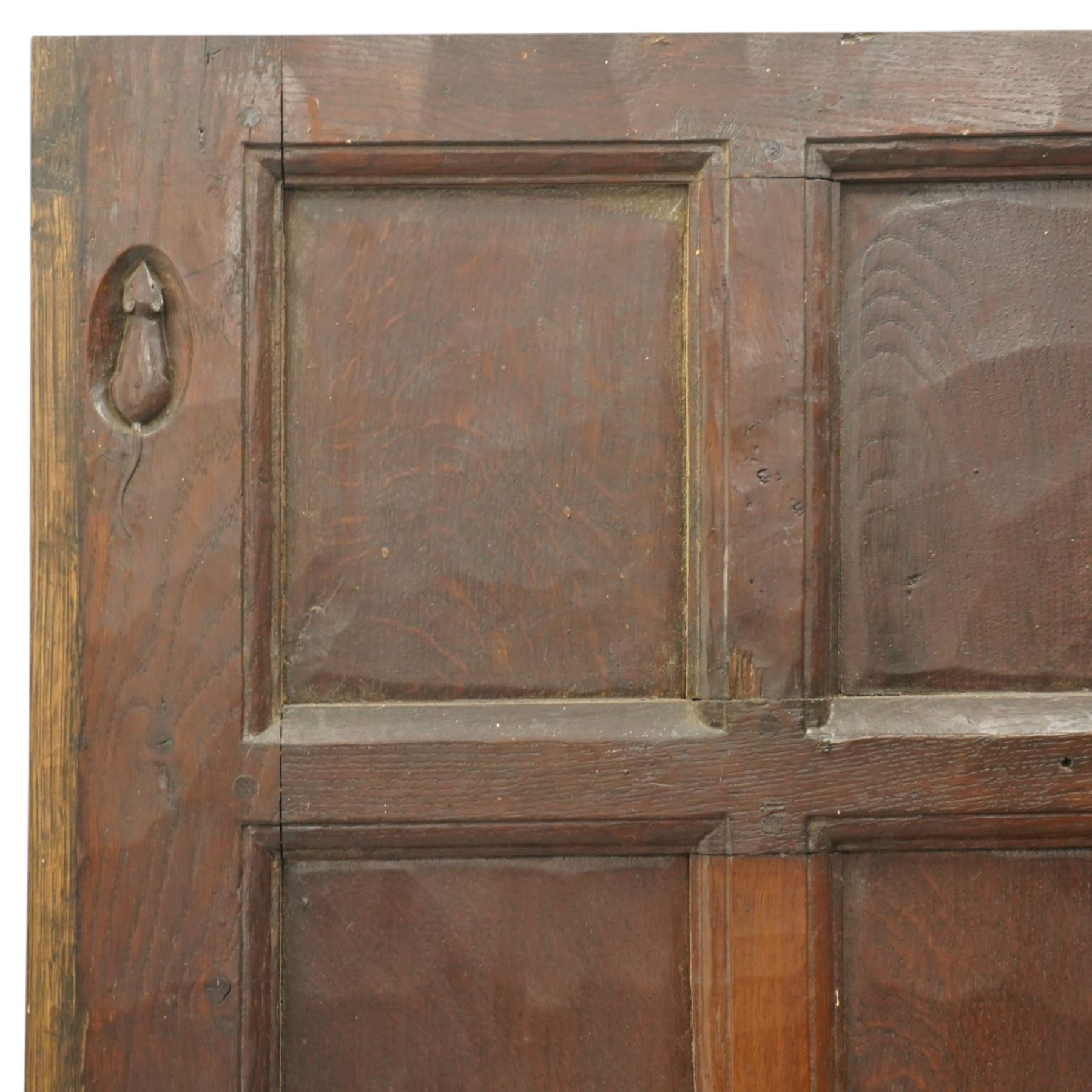 Mouseman - 1940s panelled and adzed oak front door with frame, iron rope twist handles, with carved mouse signature, by Robert Thompson of Kilburn 