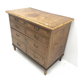 19th century inlaid continental walnut chest, burr panels, two long and four short drawers, square tapering supports, W106cm, H90cm, D58cm