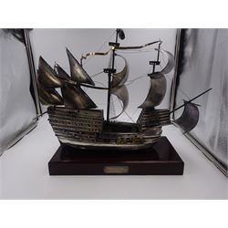 Modern silver limited edition model of The Mary Rose, depicting the ship in full sail, with gilded details, hallmarked Ammonite Ltd, Birmingham 1982, model height 32cm, mounted upon rectangular wooden plinth with applied silver name plaque, no. 9/250, overall H36.5cm