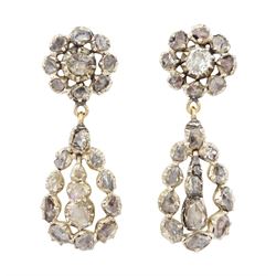 Pair of 19th century gold and silver rose cut diamond pendant earrings, each stud with a p...
