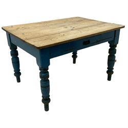 Victorian rustic painted pine kitchen table,  rectangular stripped top, the blue painted base fitted with single drawer, on ring turned supports