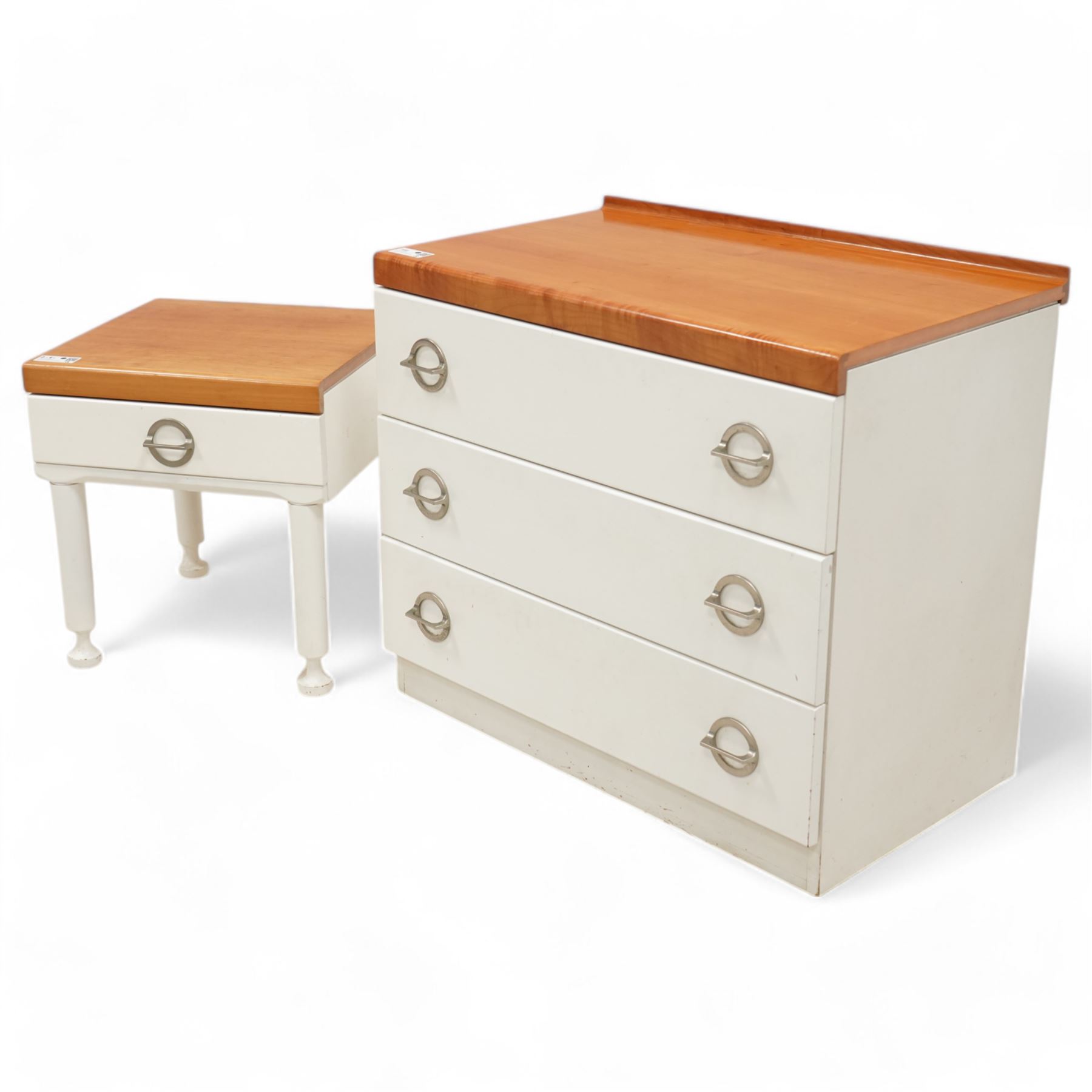 Mid-20th century cherry wood and white painted chest, fitted with three drawers (W77cm, H68cm, D46cm); together with a matching bedside lamp table (W46cm, H48cm, D44cm)