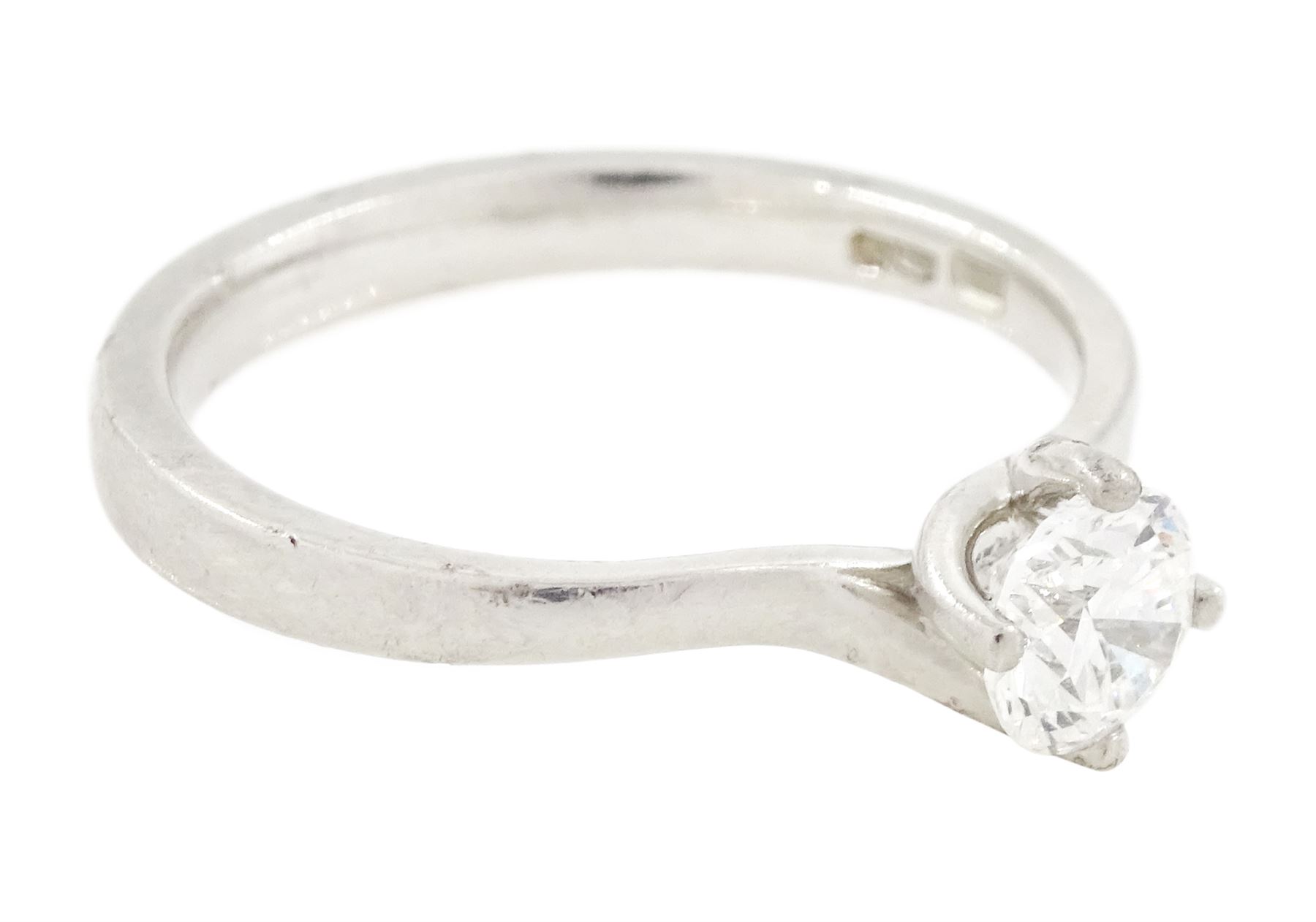 Platinum diamond ring, four claw set with a single round brilliant cut diamond of approx 0.50 carat, hallmarked