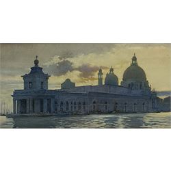 English School (19th/20th century): Basilica di Santa Maria della Salute at Sunset, watercolour unsigned 13cm x27cm