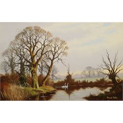 Vincent Selby (British 1919-2004): Swans on the Lake, oil on panel signed 24cm x 36cm