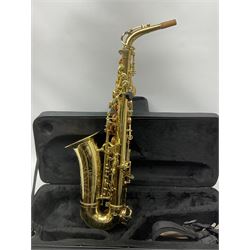 Artemis brass alto saxophone, serial no.319142, also numbered ALO8667, H57cm (exc. crook); in hard carrying case with eight unused reeds