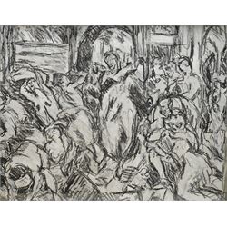 Barry De More (Yorkshire 1948-2023) after El Greco (Greek 1541-1614): '
Christ Driving the Money Changers from the Temple', charcoal heightened with white, signed and titled verso 37cm x 47cm
Notes: Acclaimed as one of the North's greatest expressionist artists, Barry De More (1948-2023) used a heavy impasto style to transfer his love of Yorkshire landscapes, townscapes and people to canvas. His work sits comfortably in the company of work by Kossoff and Auerbach, selling to collectors in the UK and overseas. De More's work can be found in the permanent collection of work by Northern Artists at Dean Clough, one of the UK's largest contemporary art galleries.