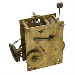 An 8-day longcase clock movement with a painted dial and various 8-day and 30-hour long case movements, dials, parts, plates, chains, and two lead weights, sold as incomplete for parts and restoration projects. 